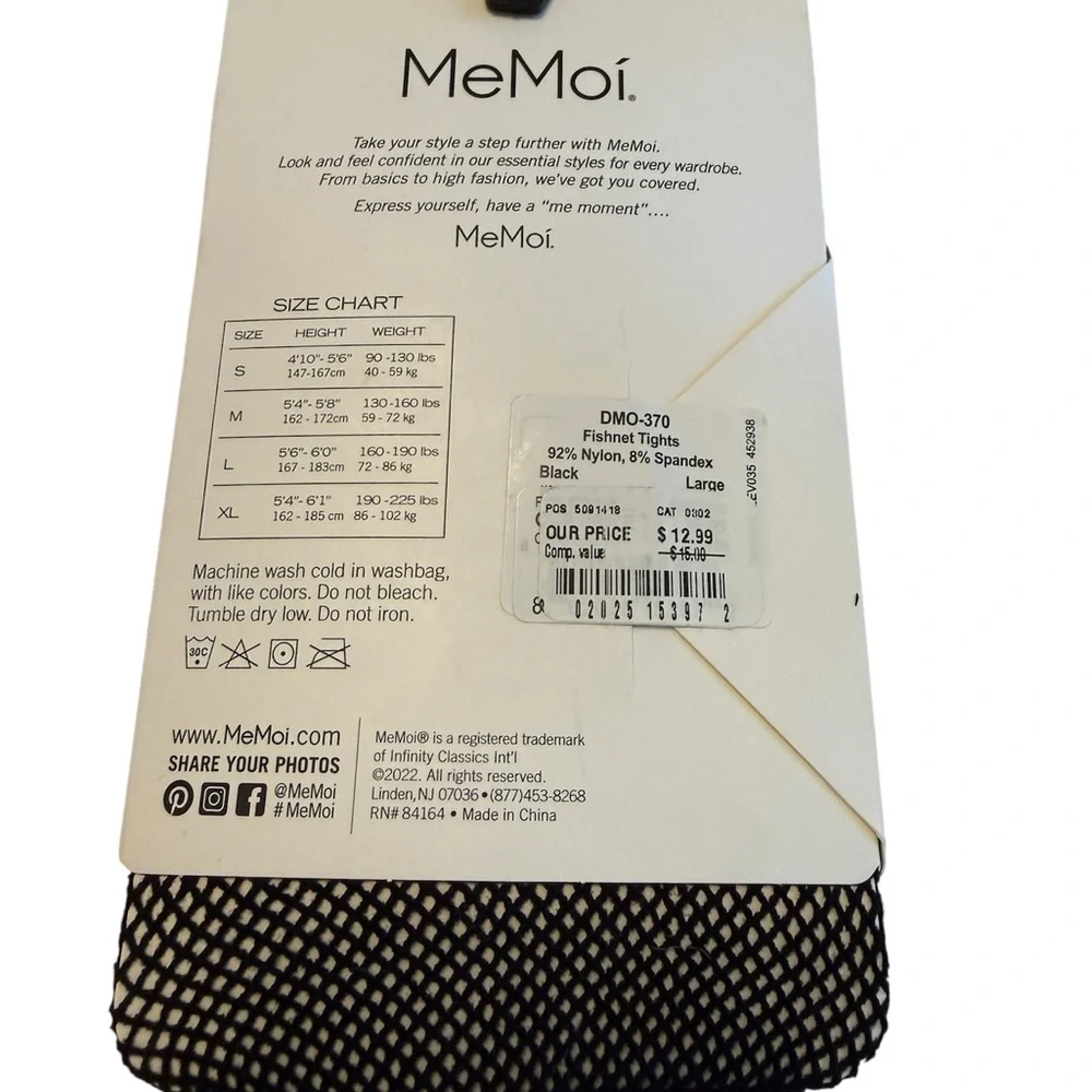 NEW MeMoi Black Fishnet Tights Size Large Nylon Spandex Classic Hosiery